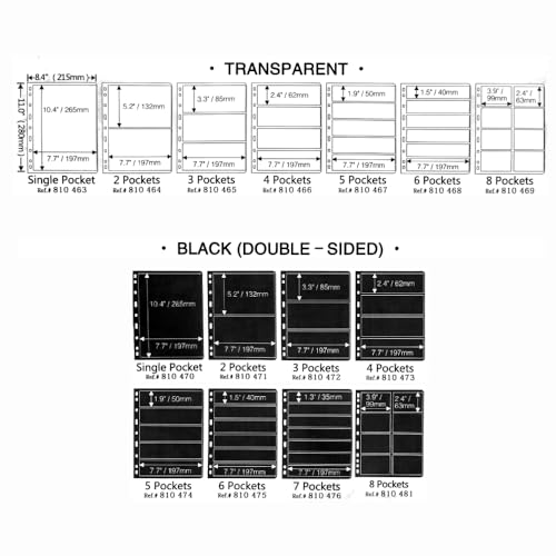 PCCB MINGT 10 Stück Standard 9-Loch Transparente Einseitige Album-Innenseiten Briefmarken- und Banknotensammlungs-Album-Einlagen für Münzsammeln und Zubehör (5 Taschen)