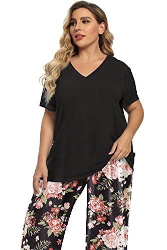 Image of Vozanet Women's Pajamas Set Soft V Neck Sleepwear Top and Capri Pj Lounge Sets Cartoon Heart Shape Cat Nighty Plus Size