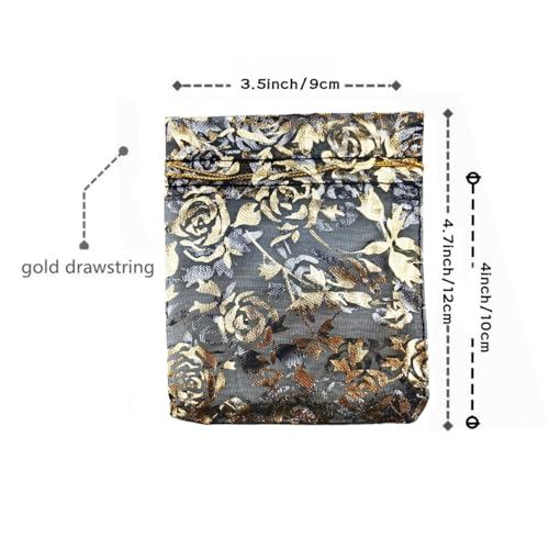 Image of QIANHAILIZZ 100 pcs 3.5 x 4.7 Inch Flower Heart Organza Jewelry Gift Pouch Candy Pouch Drawstring Wedding Favor Bags X92 (black gold flower)