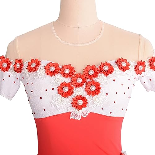 Vestido de patinação artística, elegante renda floral com strass Competição de patinação artística T