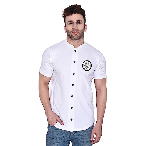 Image of Geum Men's Mandarin Collar Shirt with Graphic Print| Short Sleeve Cotton Blend Slim Fit Casual Shirt for Men