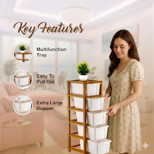 Image of 5 Layer Plastic Modular Storage Drawer Organizer | Chest of Drawer Storage Box for Living Room, Office, School and Home Toys | Organiser for Kids Room | Ivory & Brown (5-Layer ivory)