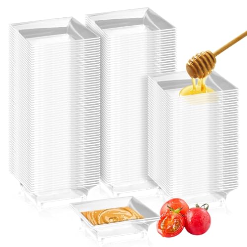 GothaBach 100 Pcs Mini Dessert Plates 2.4 Clear Disposable Small Plastic Tray Mini Plastic Dish for Sauce Dessert Fruit or Appetizer (Style 2)