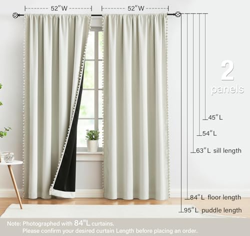 Image of Treatmentex Natural Blackout Curtains for Bedroom Living Room 84inch Long Iovry /Beige Pom Pom Curtain Panels for Windows Thermal Insulated Curtains for Kids Nursery Room Rod Pocket 52 inch W x 2pcs