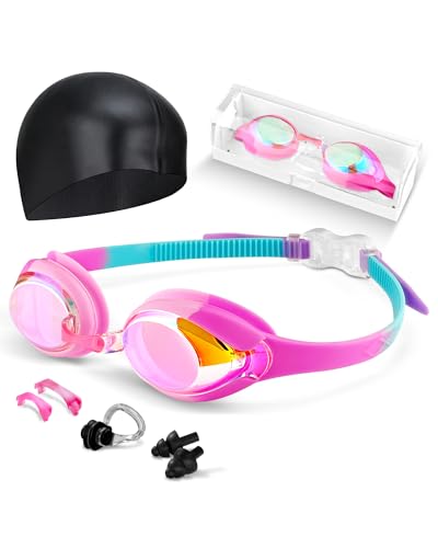 Image of Kids Swim Goggles, Anti-fog and UV Protection with Swim Cap for Age 3-15 Youth Boys Girls Toddler