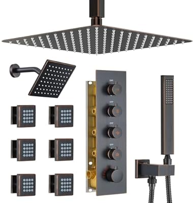 Dasan Thermostatic Dual Shower Head System with 6 Body Jets, 6-Inch Shower & 16” Rainfall Shower, Luxury Oil Rubbed Bronze Shower Faucet Set Tandem Rain Shower Head System for Couples/2-Person
