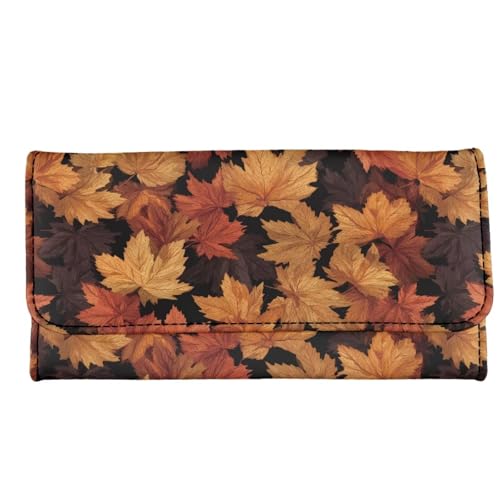 Binienty Fall Maple Leaf Tri-Fold Leather Clutch for Women Portable Lightweight Handbag with Buckle Closed Shopping, Traveling, Business, Work Essentials