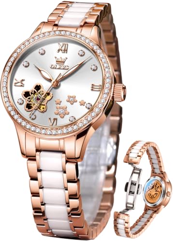 Image of OLEVS Womens Watches Automatic Luxury Dress Ladies Watch Ceramic Strap Rose Gold Self Winding Female Wrist Watch