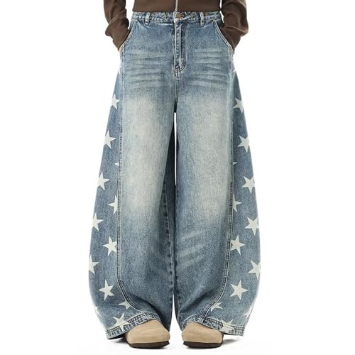 Barrel Jeans Men Stars Print Baggy Skater Denim Pants Y2K Streetwear High Waist Barrel Leg Bottoms Loose Fit Washed Relaxed