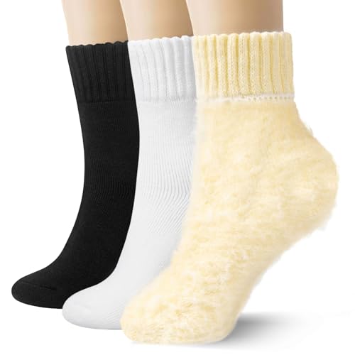 Image of 3 Pairs Winter Socks for Women Thermal Insulated Solid Thick Warm Cozy Crew Socks Christmas Gift