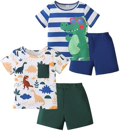 KIMI BEAR 4T Toddler Boy Clothes Dinosaur Summer Outfits for 5 Years Old Kids 4 Piece Clothing Set with Short Sleeve T-Shirt and Shorts
