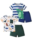 KIMI BEAR Toddler Boy Clothes 3T Dinosaur Summer Outfits for 4 Years Old Kids 4 Piece Clothing Set with Short Sleeve T-Shirt and Shorts
