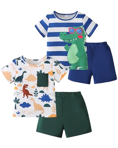 KIMI BEAR Toddler Boy Clothes 3T Dinosaur Summer Outfits for 4 Years Old Kids 4 Piece Clothing Set with Short Sleeve T-Shirt and Shorts