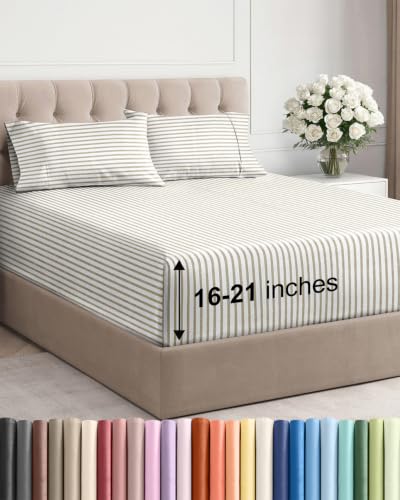 Image of Extra Deep Pocket Full Sheet Set - Breathable & Cooling - Beige Stripes