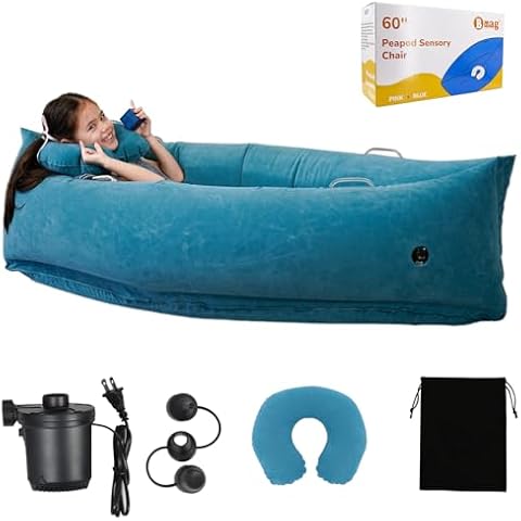 Bmag Sensory Chair for Kids, Inflatable Peapod Chair with Neck Pillow, 60" Sensory Pod Seating Toy Gift for Autistic Children, Includes Electric Air Pump, Blue Cover