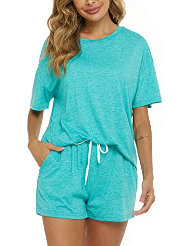 Image of LOCUBE Women's Pajama Set Soft Comfy 2-Piece Short Sleeve Lounge Sleepwear with Drawstring Shorts and Pockets