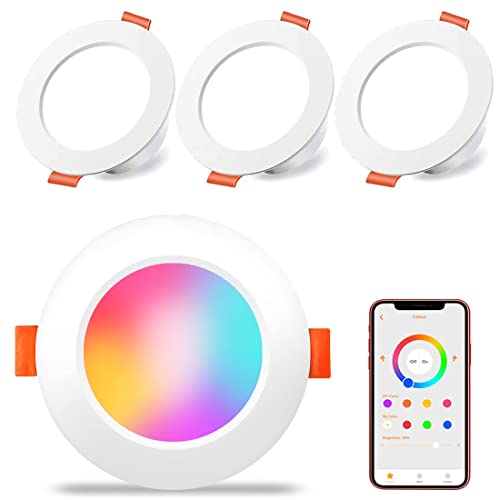 Bhochy LED Downlights Ceiling Lights with APP Control, Smart Recessed Lighting 3 inch 60W Equivalent 800LM, RGB Colour Changing - Warm White, for Living Room Kitchen Bedroom, 4 Pack