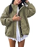 TIQOJE Womens Windproof Outdoor Jacket Fleece Lined Zip Up Lightweight Coat with pockets Fall Travel Casual Wear (Olivegreen-S)