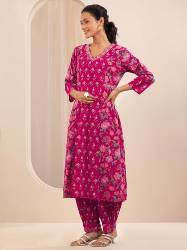 Image of Libas Pink Printed Cotton A Line Kurta set for Women | daily wear suit