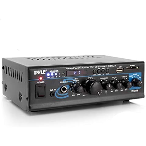 PyleHome PTAU55 2x 120W Stereo Power Amplifier with Blue LED Display, USB/SD/MMC CARD, AUX, CD and Mic Input Cover