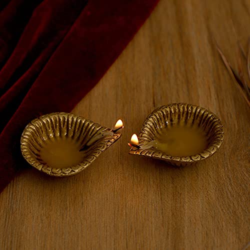 Image of Brass Line Edge Pooja Diya, Kuber Deepak Oil Lamp, Pack of 2 | Set of two brass diyas with a decorative lined edge design for pooja, home temple and festive use