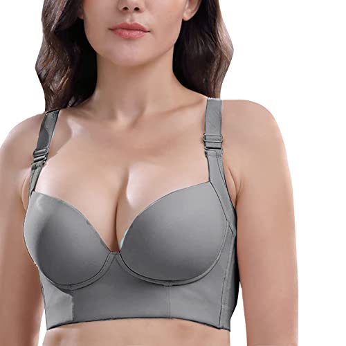 BIBILILI Full Back Coverage Bras for Women, Fashion Deep Cup Hide Back Fat Bra with Shapewear Incorporated Push Up Sports Bras Push Up Sports Bra Grey