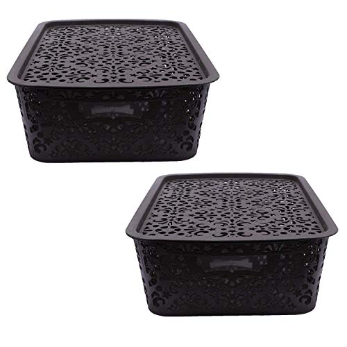 Image of Cutting Edge Essentials Plastic Storage Baskets /Shelf /Turkish Rack with Lid - Set of 2 for Fruit Vegetable Bathroom Stationary Home Basket with Handle (Brown, Medium)