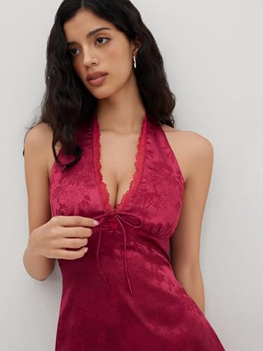 CIDER Party Dresses Floral Lace Trim Bowknot Halter Neck Mini Dress High Waist Satin Dress Sleeveless3
