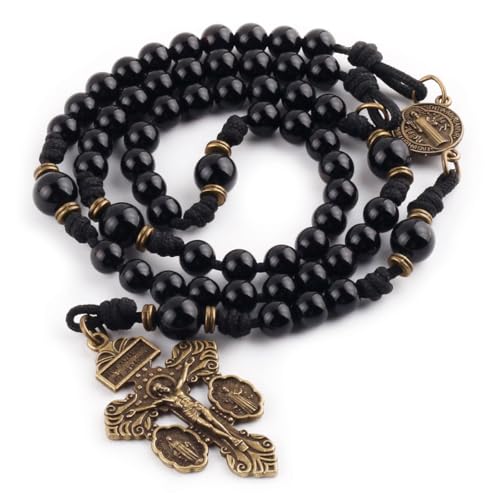 St. Benedict Black Onyx Stone Paracord Rosary – Antique Bronze Catholic Prayer Beads for Men & Women, Durable Handmade Necklace Gift