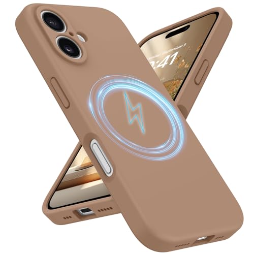 Coque silicone liquide pour iPhone 16 MagSafe marron antichoc