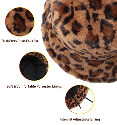 Image of Bucket Hat Women Furry Fuzzy Bucket Hats for Ladies, Winter Warm Fluffy Plush Faux Fur Hat for Women