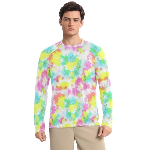 Pastel Tie Dye Pink Yellow Green Sun Shirts UPF 50+ UV Protection Long Sleeve Rash Guard for Men Quick Dry Swim Shirts, Small
