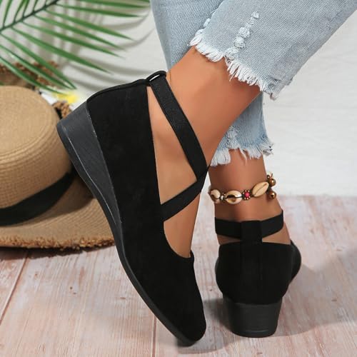 Women's Dress Flats Ballet Low Wedge Round Toe Fashion Elastic Ankle Strap Comfortable Casual Flats Shoes4