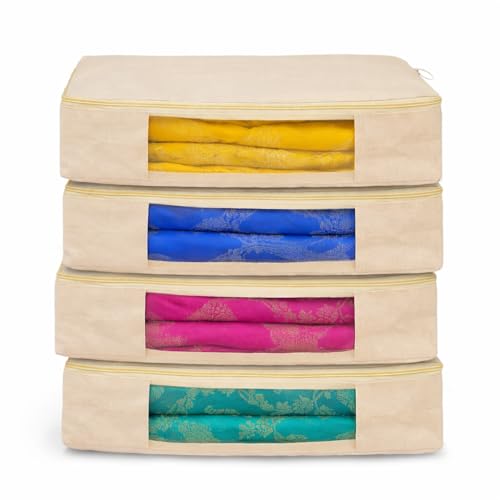 Image of Kottify Cotton Canvas Clothes Storage Bags /Saree Covers with Zip for Storage Specially Design for Woman Dresses, Sarees, Lehengas for Wardrobe Organizer (16 x 13 x 3 Inch)- Pack of 4