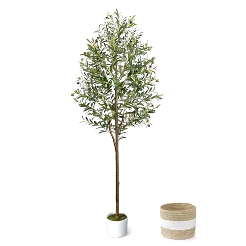 LuceAlberi 6FT Artificial Olive Tree - Indoor Tall Faux Olive Trees with Planter&Basket, Large Fake...