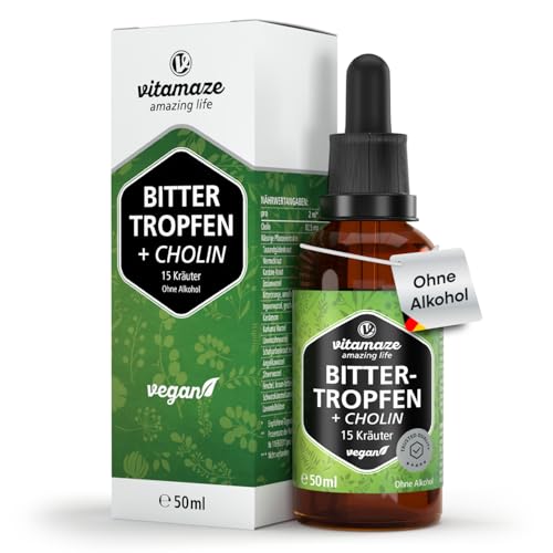 Vitamaze Bittertropfen ohne Alkohol Natürliche Bitterstoffe aus 15 Kräutern hochdosiert mit Cholin vegan glutenfrei Amara Rezeptur inspiriert von Hildegard von Bingen Made in Germany 50 ml