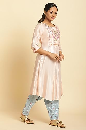 Image of W for Woman Peach Embroidered Flared Kurta