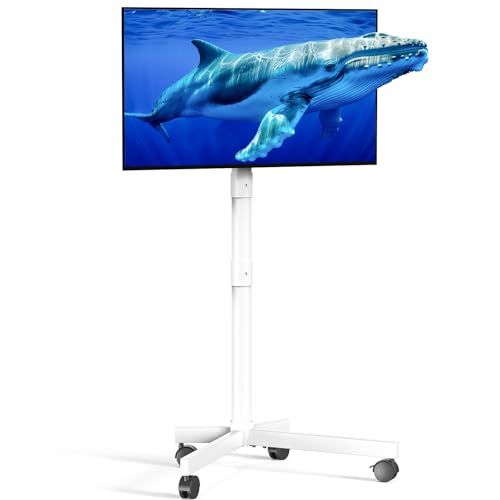 Mobile TV Cart Rolling TV Stand for 23-60 Inch LCD LED Flat Curved Screens up to 88 lbs-Height Adjustable Portable TV Stand on Wheels-Outdoor TV Stand Mount, Max VESA 400x400mm, White