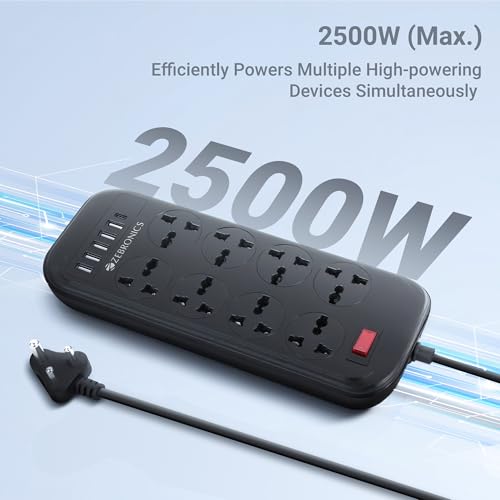 Image of ZEBRONICS Power BAR 282,Extension Board /Strip,2500 Watts,10 Amps,1x Type C Port(15.5W),8X Universal Socket,4+1 USB Port(15.5W),On /Off Switch,Overload Protection,Wall Mountable,2 Meter,Grey