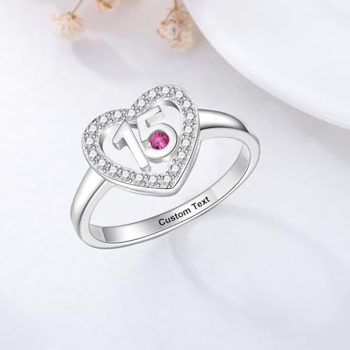925 Sterling Silver Personalized Daughter Sweet 15 Heart Rings Engraved 15th Birthday Ring with Created Birthstone Gift for Women2