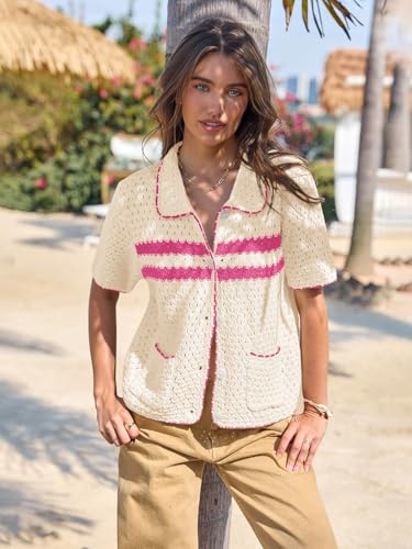 Image of Yousify Womens Casual Summer Short Sleeve Sweaters Button Down Crochet Knit Tops 2026 Loose Cute Cardigan Sweater