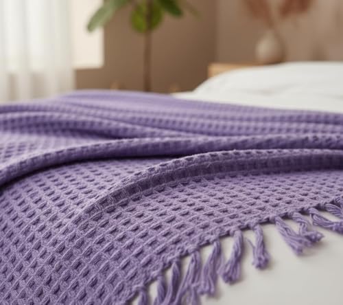 Image of 100% Cotton Waffle Weave Sofa Throw Blanket 50x60 Inches or 125x150 cms Lightweight, Soft & Breathable Couch, Bed or Chair Throw Blanket for Living or Bedroom, Lavender
