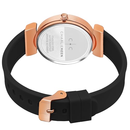 Image of CHARLIEKEEN Women's Watch, Analog Dial with Rose Gold Flower Design, Crystal Accents, Soft Silicone Strap