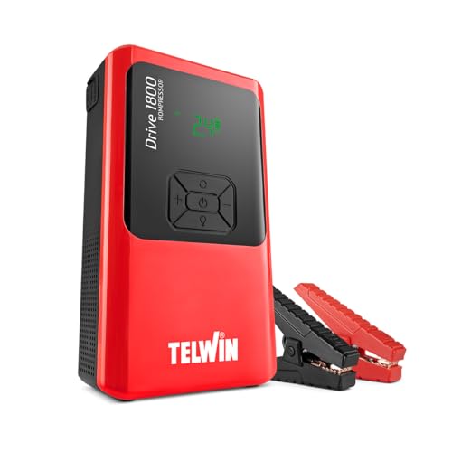 Telwin Drive 1800 Kompressor Avviatore Booster Multifunzione 12V Portatile e Ultracompatto per Auto Moto Barche con Compressore Integrato, Powerbank e Luce Led, 1800A start max