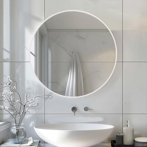 Image of Sunniry White Round Mirror 26 inch, Circle Bathroom Mirror Matte Metal Frame, Circle Mirrors for Living Room, Bathroom, Wall, Hallway.