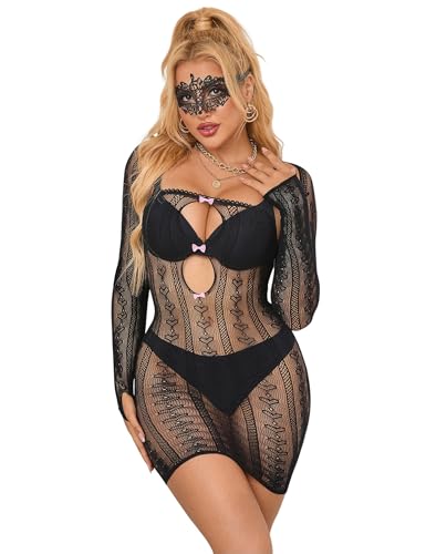 sunshinelady Netzkleider Damen Fishnet Bodystocking Große Größen Minikleid Zweiteiler Bodycon Mesh Elastische Dessous Unterwäsche Curvy Babydoll Lingerie Set Partykleid Clubwear Schwarz,L-XXL
