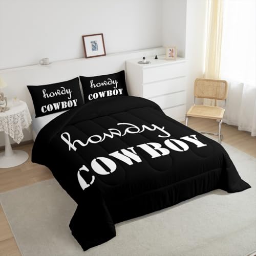 Image of Feelyou Kids Howdy Cowboy Bedding Set Twin Size, Western Black Comforter Set Funny Western Retro Comforter Kids Boys Girls Rustic Duvet Insert Microfiber Bed Set