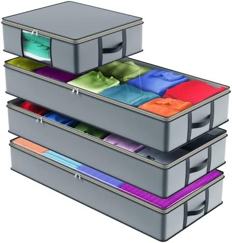 Mill & Mint – 3 Underbed Storage Bags + 1 Organizer Tote– Foldable, Large Under Bed Storage Containers for Clothes, Blankets, Shoes & Toys, Gray