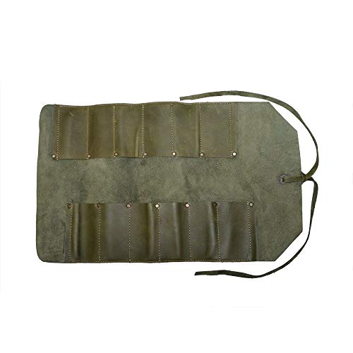 Hide & Drink, Big Tool Roll Up Bag with 12 Slots, Workshop Storage, Woodworking Tools Organizer, Rustic Case, Full Grain Leather, Handmade, Dark Jade