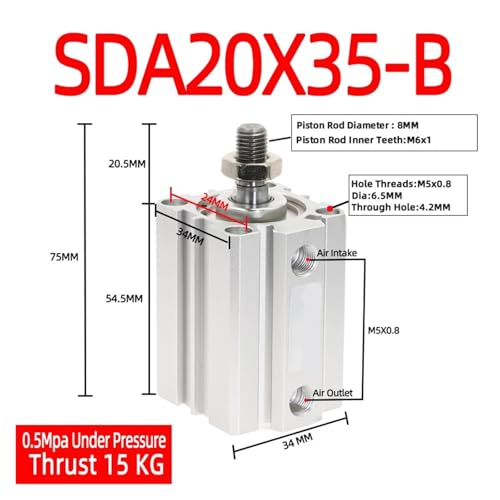 Cilindro neumático compacto SDA20-5B de doble efecto con rosca externa y carrera de 35mm 3